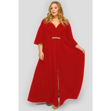 Платье длинное с разрезом из красного крепа с пришивным украшением