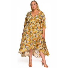 Платье из штапеля с асимметричной юбкой, принт цветочный, горчичный