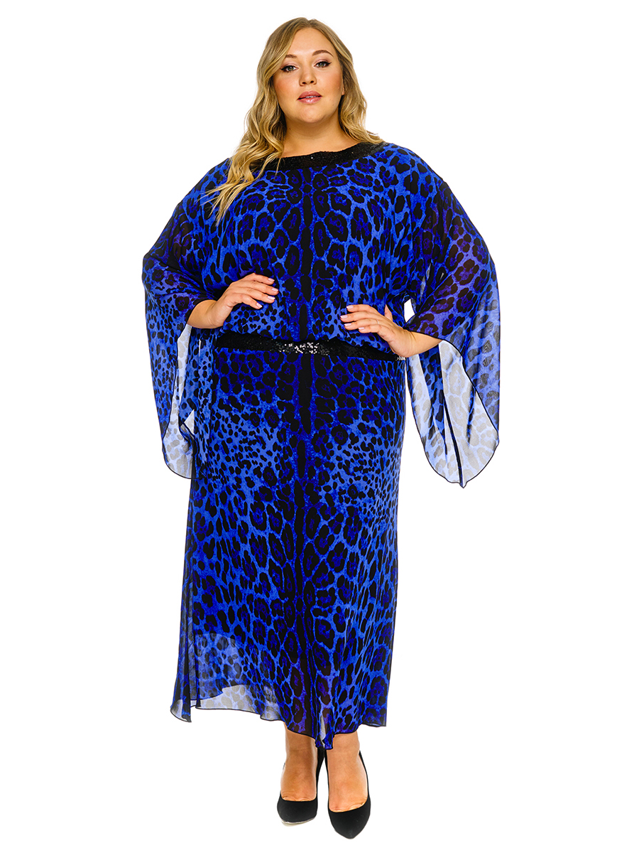 Платье вечернее из шифона принт синий леопард, пояс и горловина из пайеток *