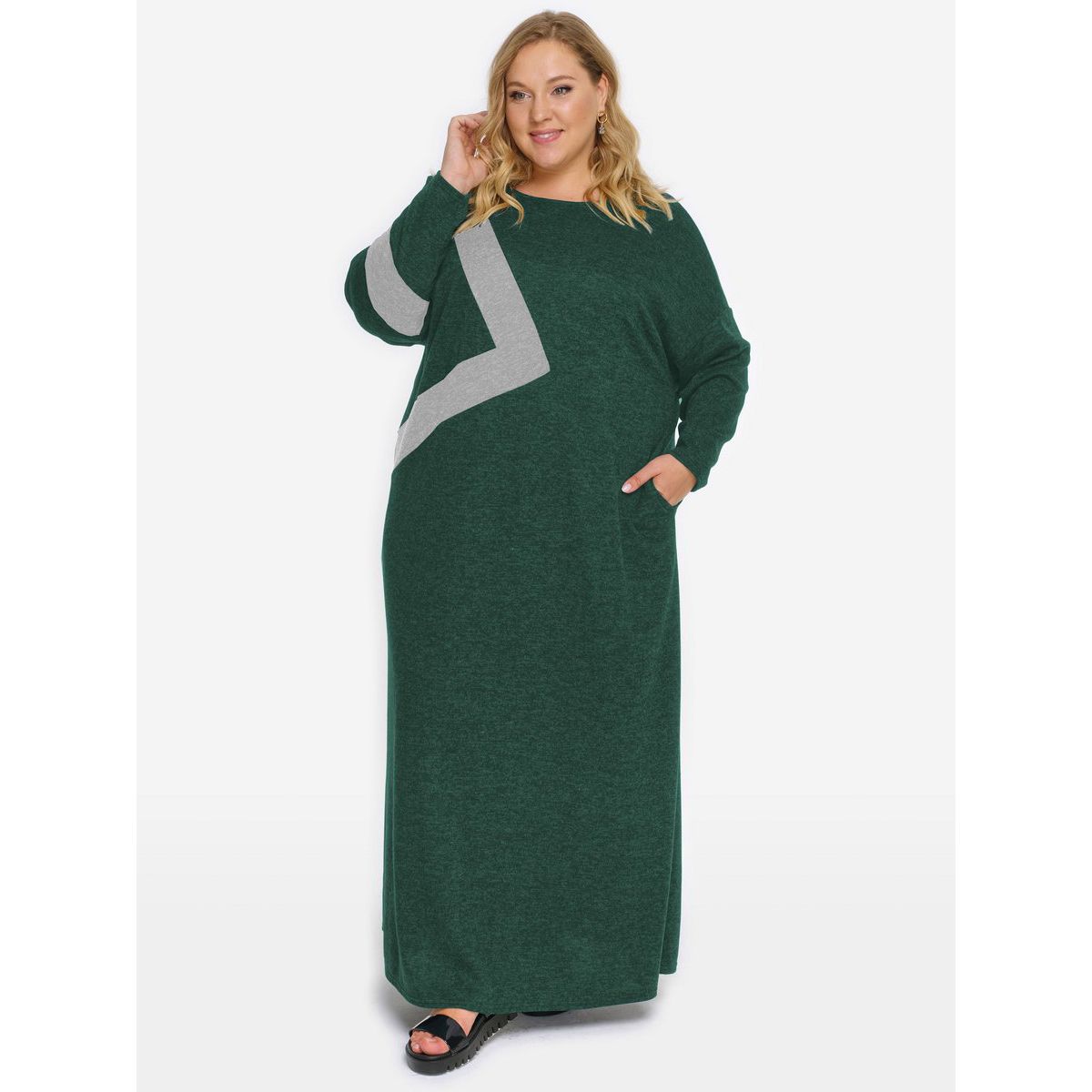 Платье из джерси-меланж с асимметричной отделкой, зеленое, отделка светло-серая