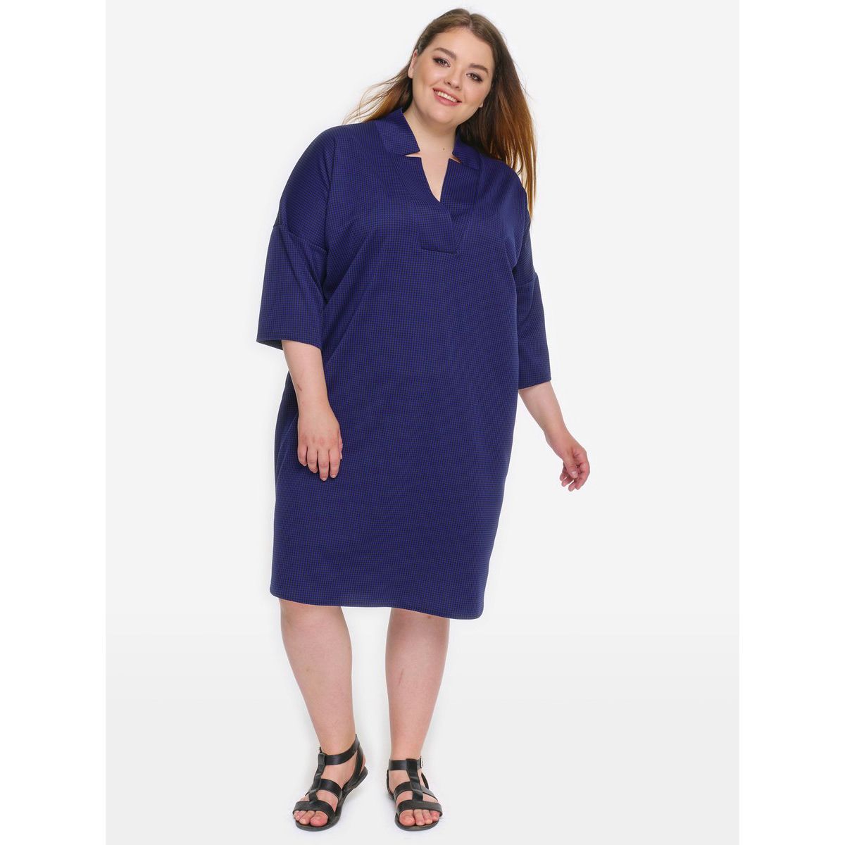 Платье - кимоно из джерси в мелкий "гленчек", темно-синее