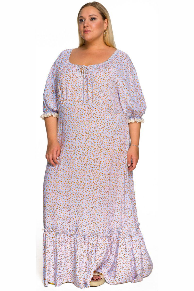 Платье из штапеля с резинкой по горловине и оборкой по низу, принт "розочка на нежно-голубом"