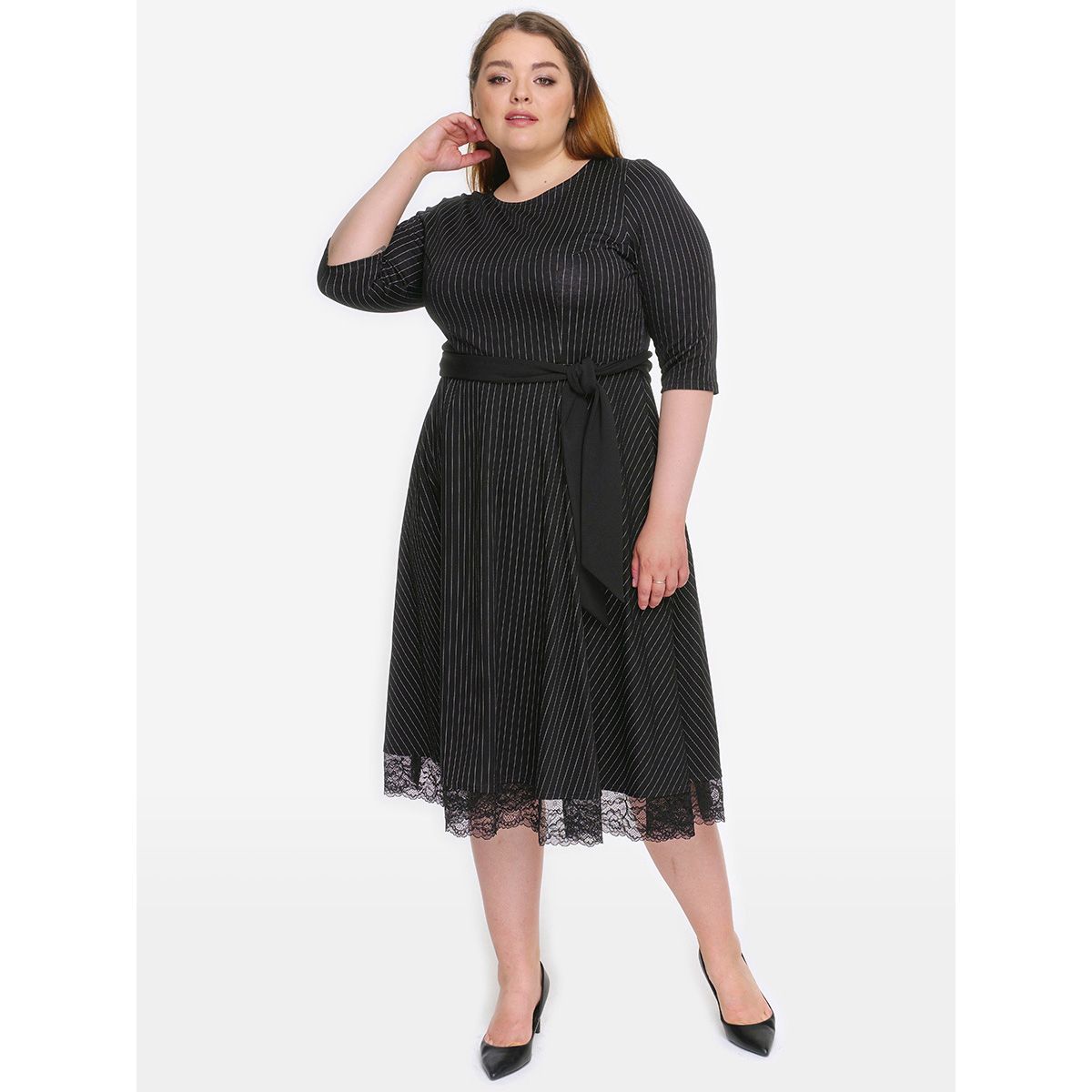 Платье с расклешенной юбкой из джерси, черный в полоску