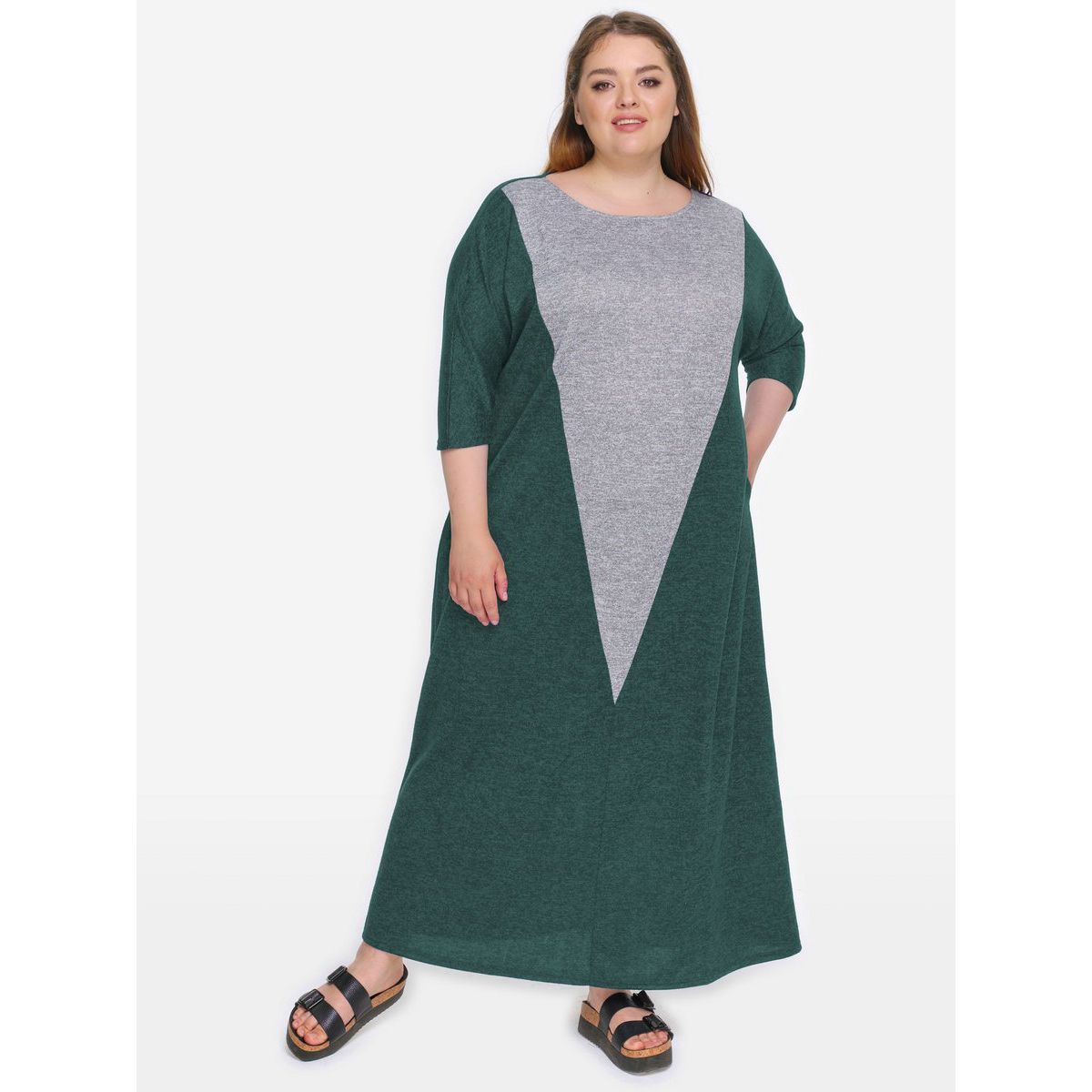 Платье из джерси, зеленый меланж, комбинированное с серым