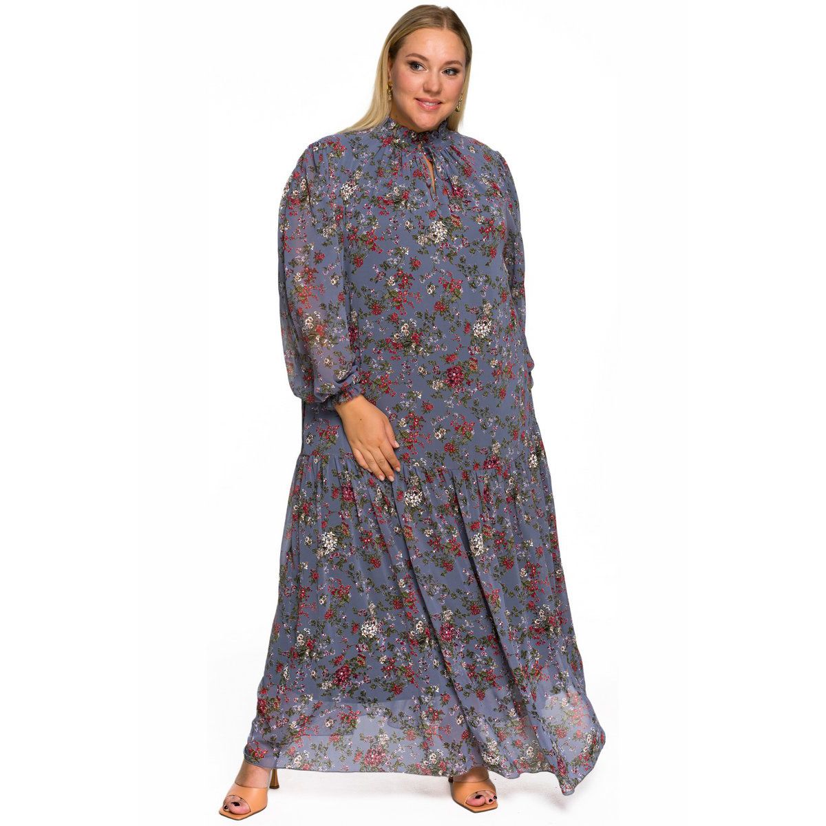 Платье шифоновое, длинное, со стоечкой, присборенной юбкой и рукавом "фонарик", принт цветочный на графитовом