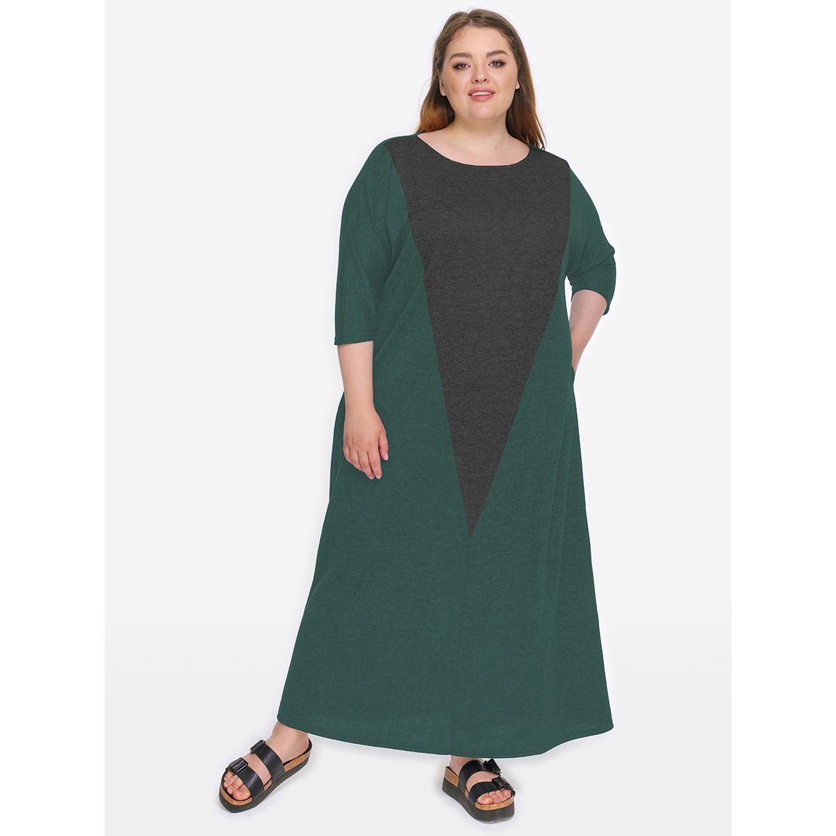 Платье из джерси, зеленый меланж, комбинированное с темно серым
