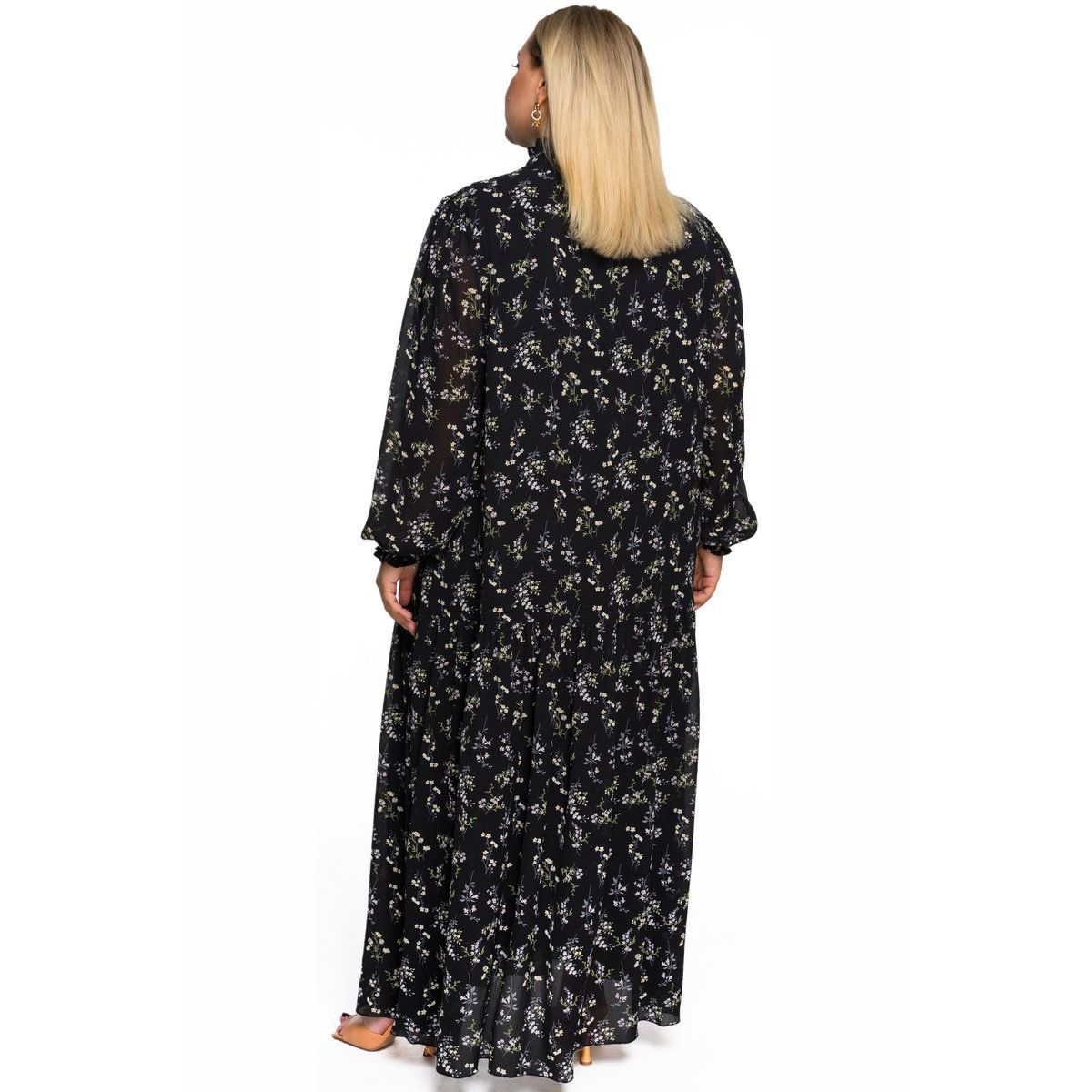 Платье шифоновое, длинное, со стоечкой и рукавом "фонарик", принт цветочный на черном