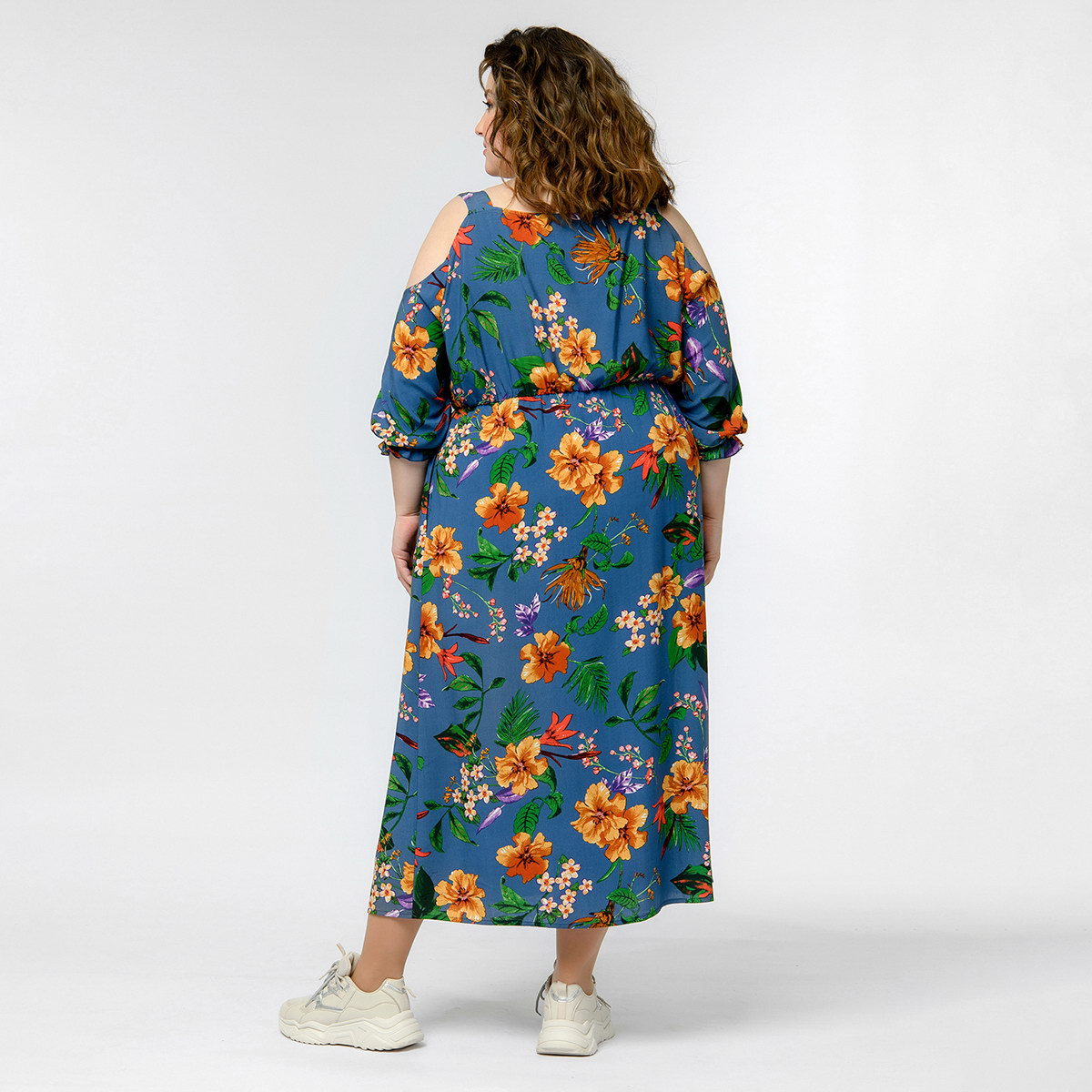 Платье из штапеля с открытыми плечами, принт цветочный, джинсовый