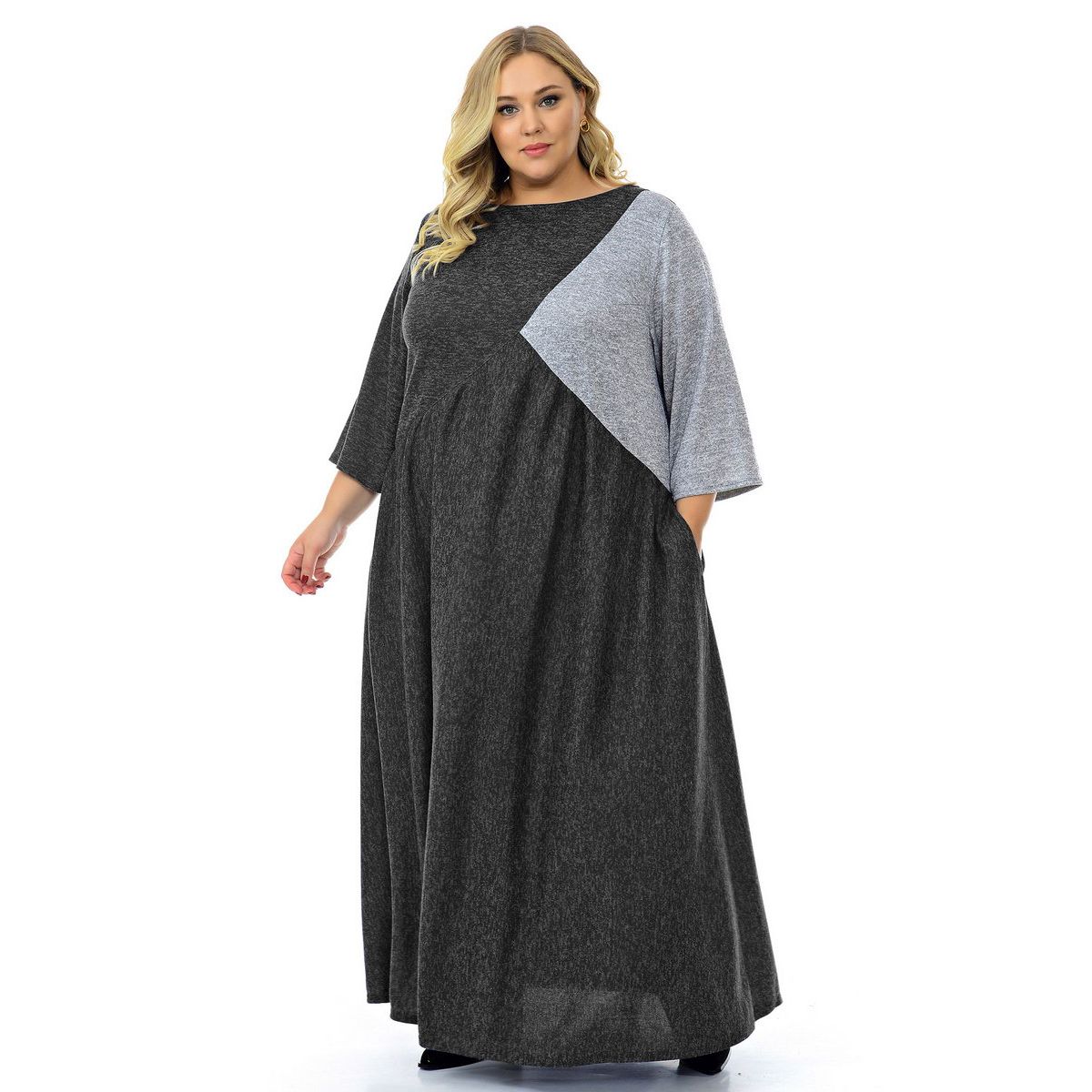 Платье из джерси - меланжа, комбинированное, темно-серое