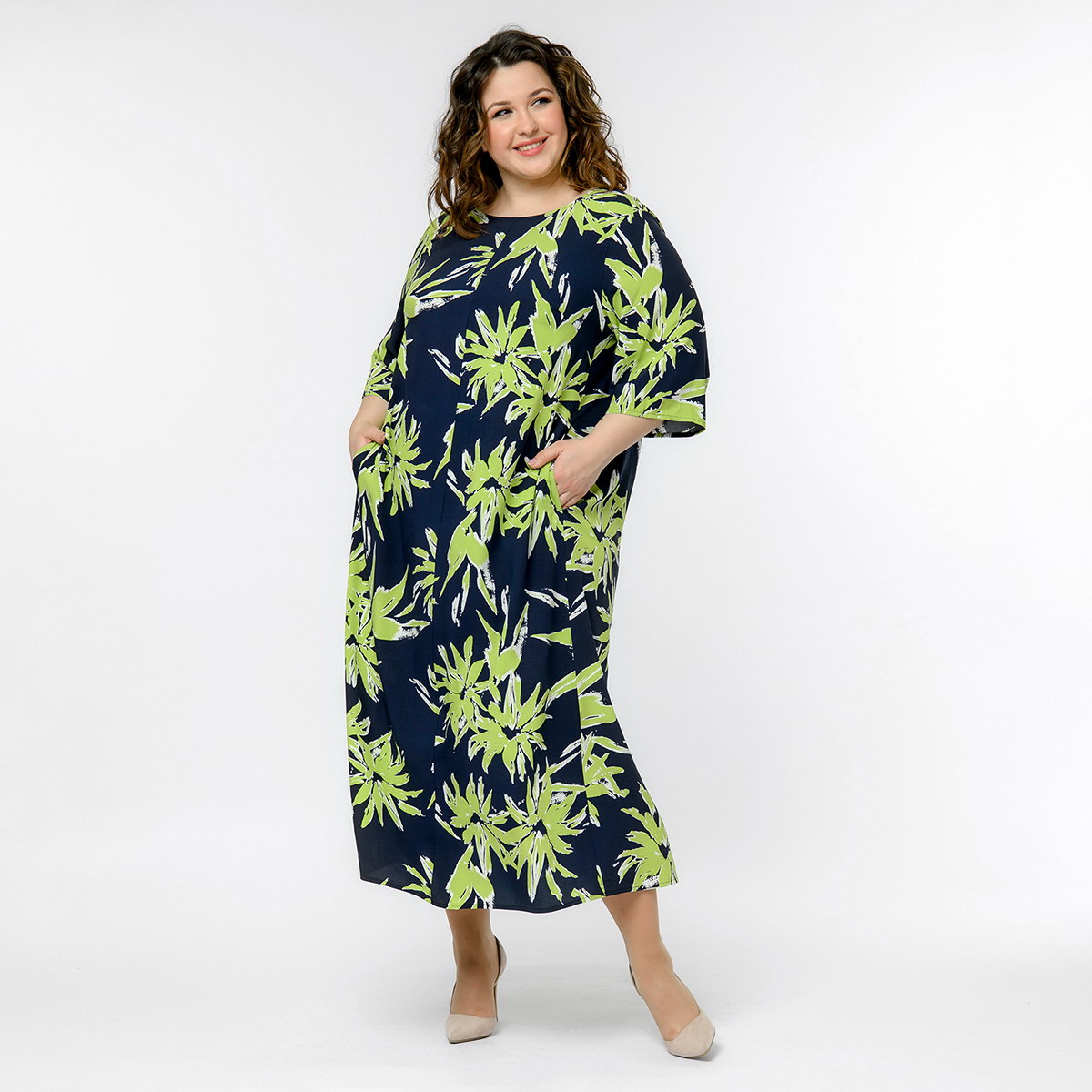 Платье из штапеля, свободное, принт "тропические листья"