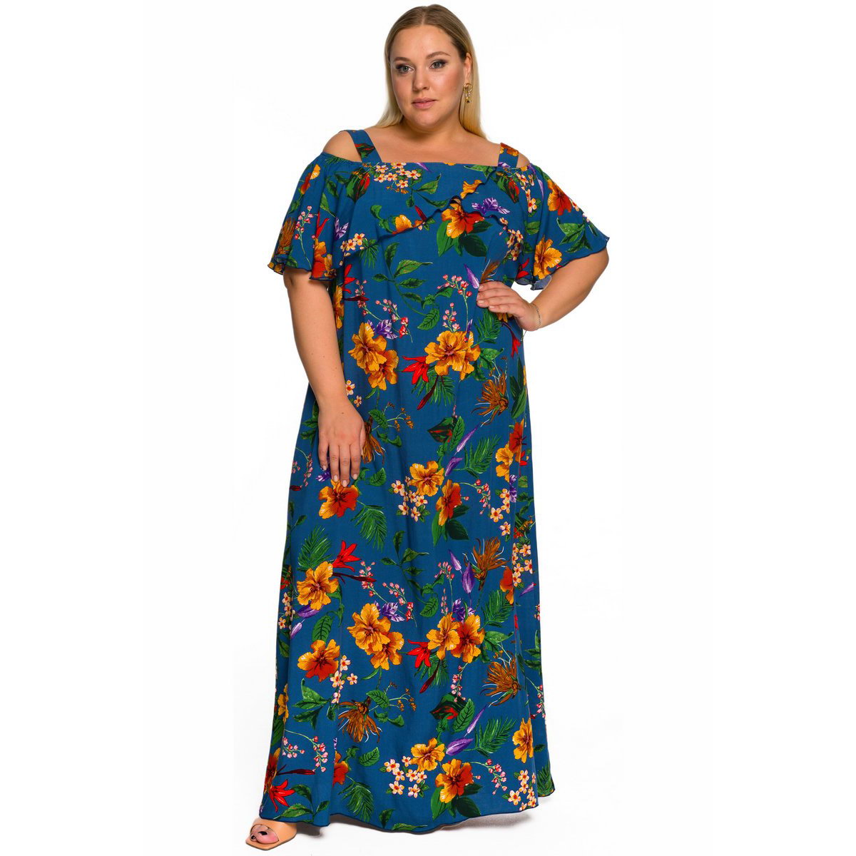 Платье-сарафан с воланом по горловине из штапеля, принт цветочный, фон джинсовый